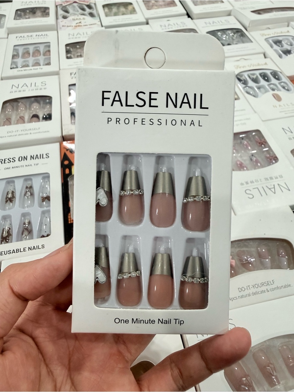 Professional Nude Pink Press-On Nails with Silver Tips